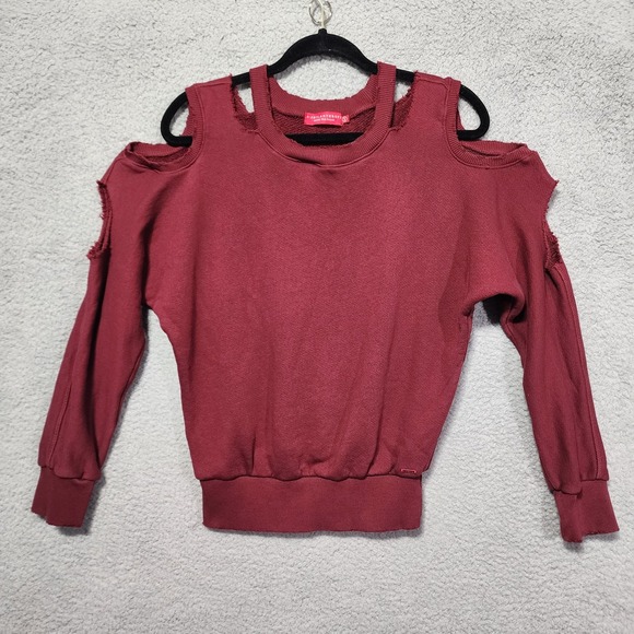 n:PHILANTHROPY Maroon Red Cold Shoulder Raw Hem Crewneck Sweatshirt Size Small - Picture 1 of 7